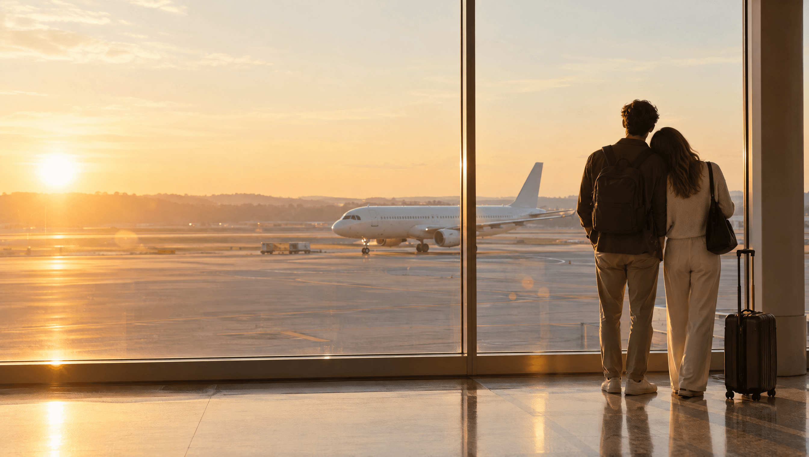 Ein Paar mit Rollkoffer schaut im Abendlicht durch die Terminal-Scheibe auf ein Flugzeug.