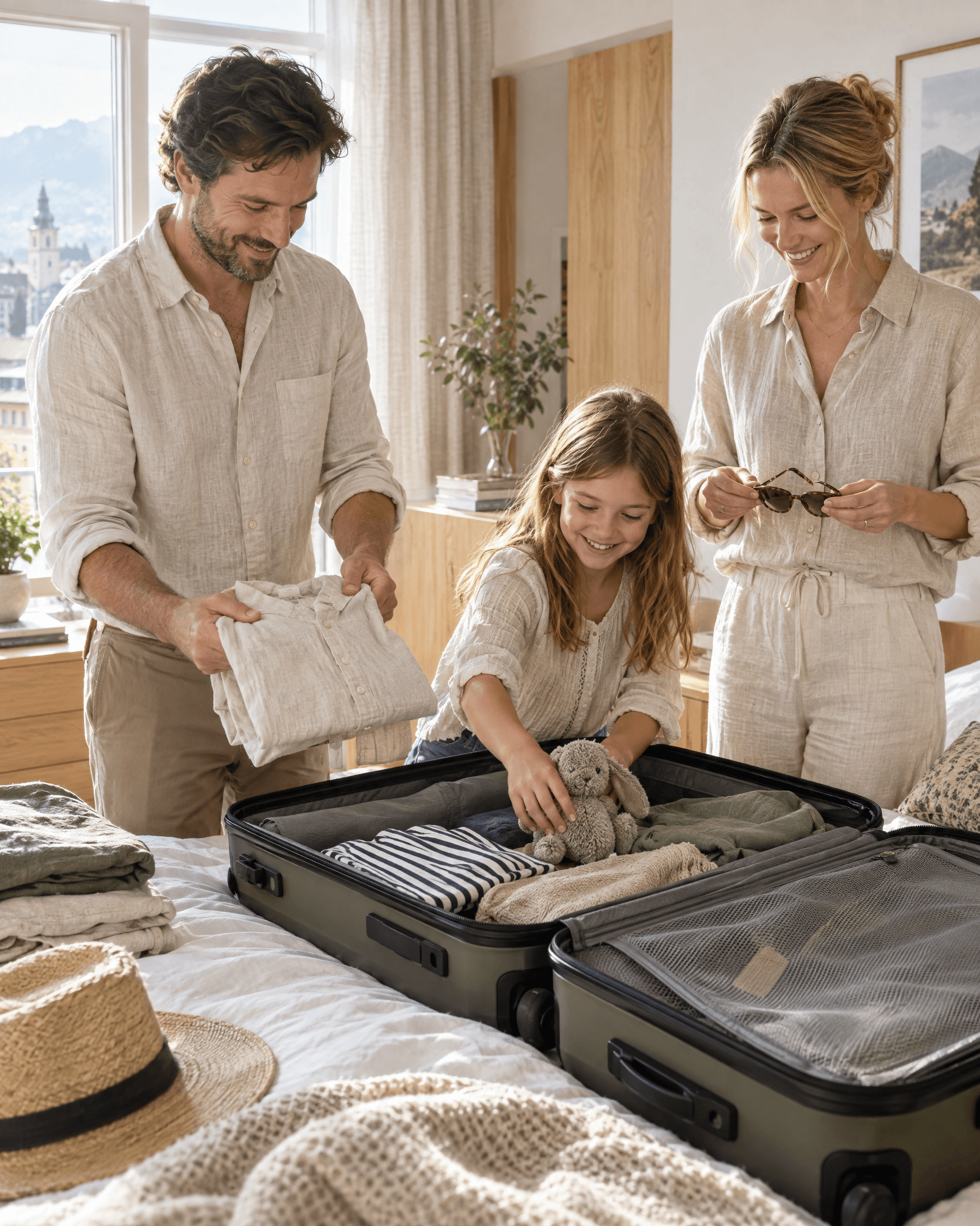 Eine Familie packt gemeinsam einen Koffer, die Tochter legt ihr Stofftier hinein.