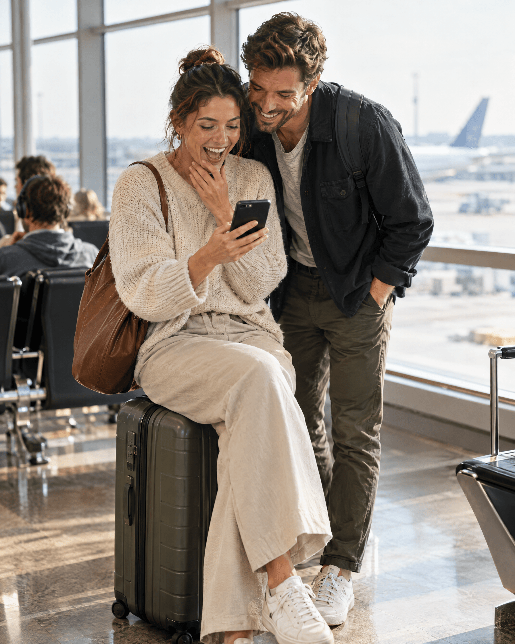 Eine Frau sitzt am Gate auf ihrem Koffer und lacht überrascht auf ihr Handy, ihr Partner schaut mit.